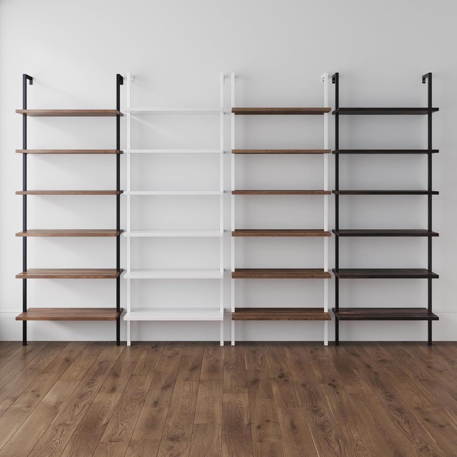 Nathan James Theo 6-Shelf Tall Bookcase, Wall Mount Bookshelf with Natural Wood Finish and Industrial Metal Frame, Rustic Oak/White, Set of 2