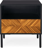 Bme Vivian Solid Wood Nightstand, End Table, Bedside Table with Herringbone Pattern for Rustic Bedroom, Easy Assembly, Rustic Golden Brown and Black