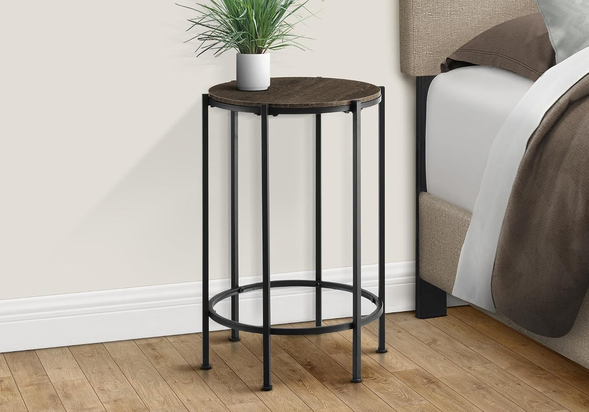 Monarch Specialties I 3756 Accent Table, End, Round, Side Table, Bedroom, Nightstand, Dark Oak, Black Metal