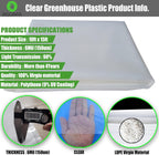 6 mil (10ft x 15ft) 100% Virgin Material. 5Layers Advanced Extrusion Technology for UV Protection, Anti-drip, Anti-Fog, Thermal and Strength. 4Years Lifetime UV Resistant Greenhouse Plastic