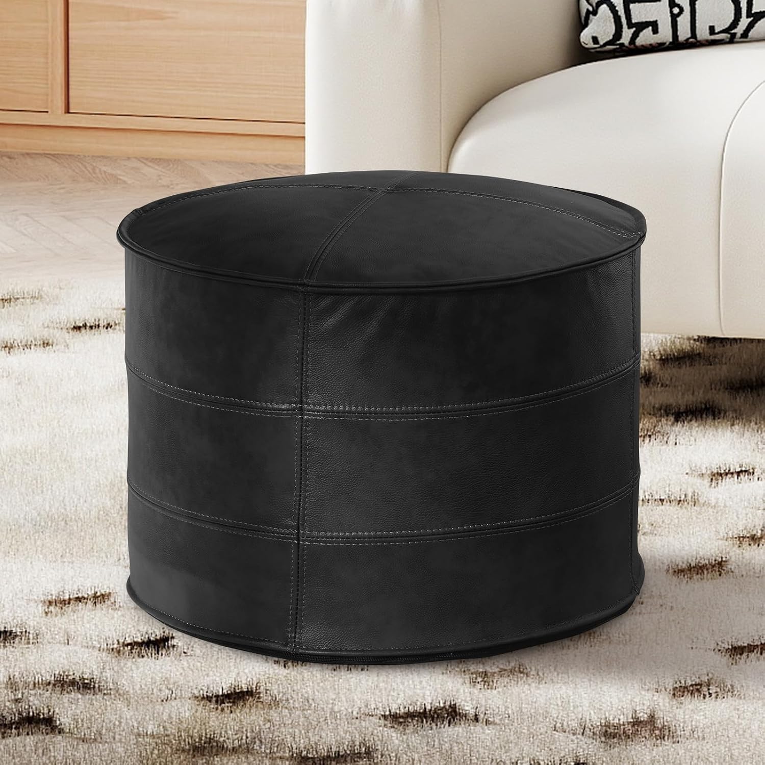 Couchus Genuine Leather Ottoman, Square Pouf Footstool (Round, Black) | Modern Upholstered Ottoman, Floor Pouf for Living Room, Bedroom
