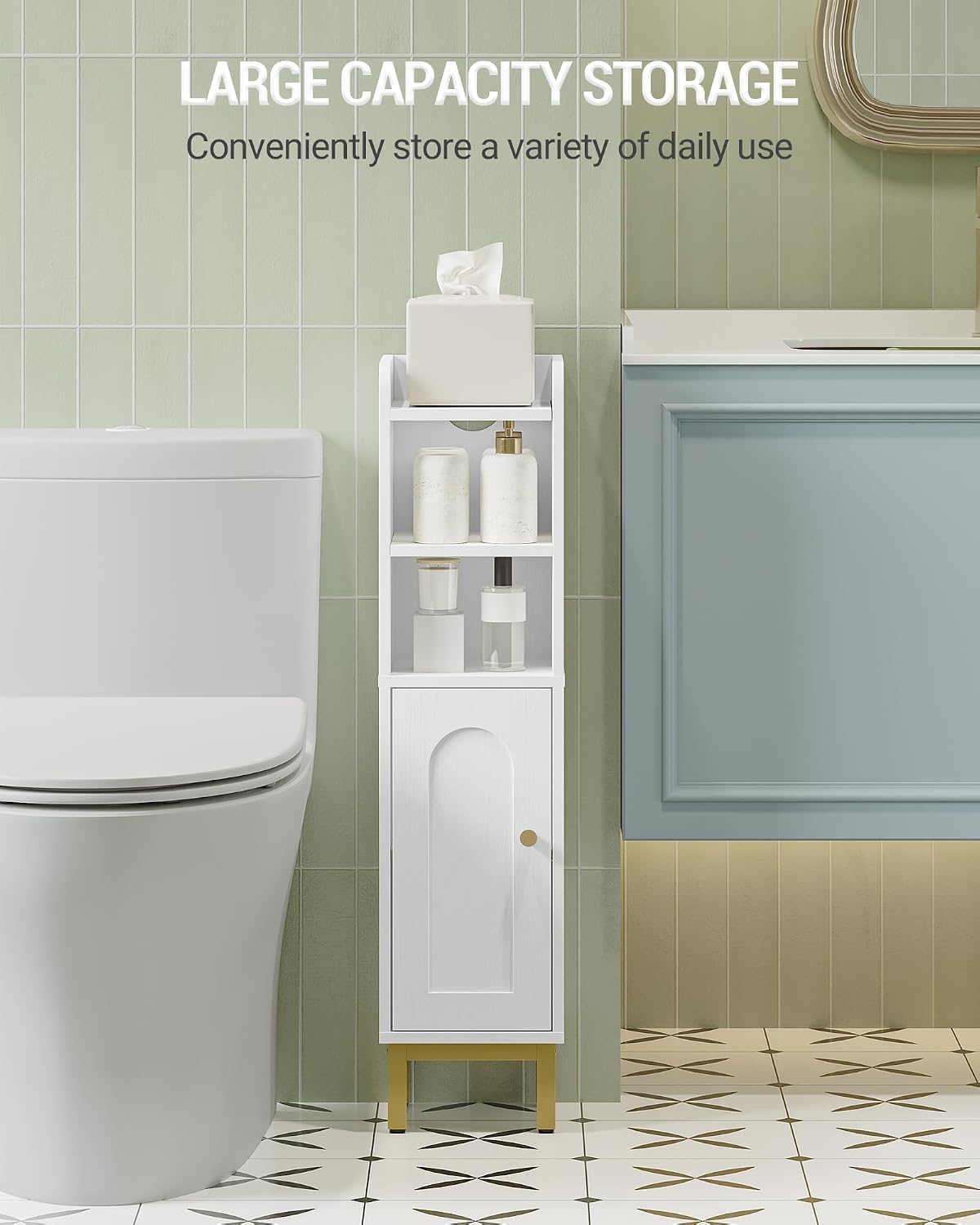 Hzuaneri Bathroom Storage Cabinet, Small Corner Floor Cabinet | Narrow Toilet Paper Holder, Bathroom Organizer with Adjustable Shelf, 2 Doors, for Small Spaces, White BC08203X