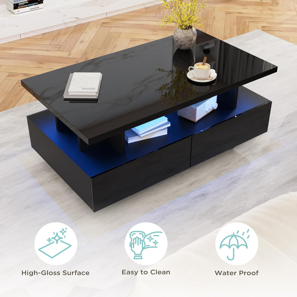 MHOM 41.3" LED Coffee Table, Modern High Gloss Living Room Table with 4 Drawers, Stylish Center Table for Living Room, Office and Apartment, Black