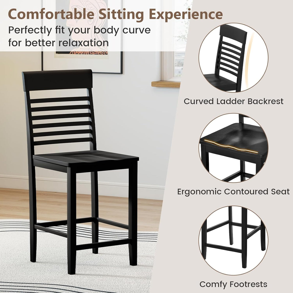 Giantex 5-Piece Dining Table Set for 4, Counter-Height Square Kitchen Table and Chairs Set with Rubber Wood Frame, Curved Back, Footrest, Bar Table Set for Small Place Dinette Breakfast Nook