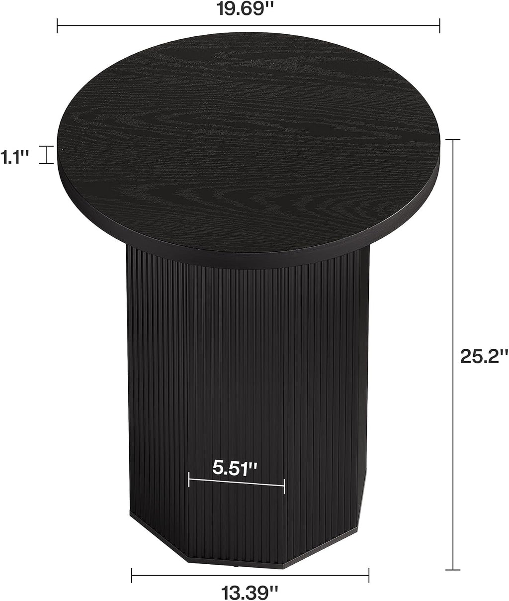 Tribesigns Round End Table, Farmhouse Pedestal Side Table, Fluted Wooden Nightstand Drink Stand for Living Room, Bedroom (1, Black)