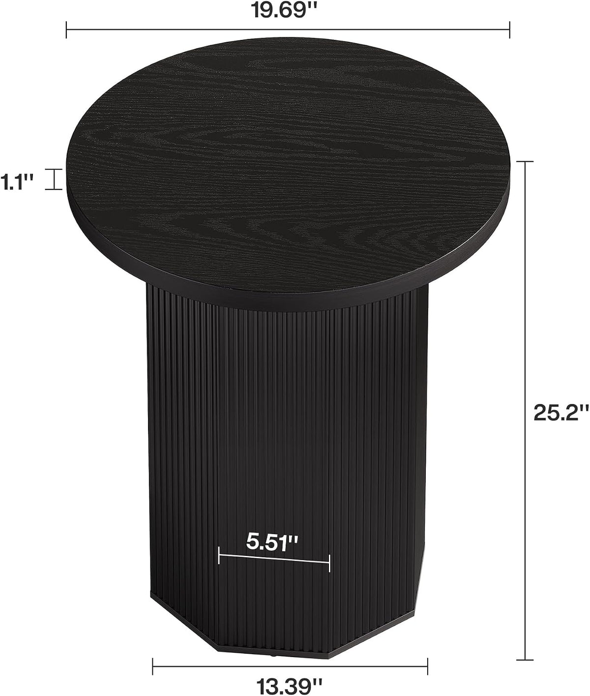 Tribesigns Round End Table, Farmhouse Pedestal Side Table, Fluted Wooden Nightstand Drink Stand for Living Room, Bedroom (1, Black)