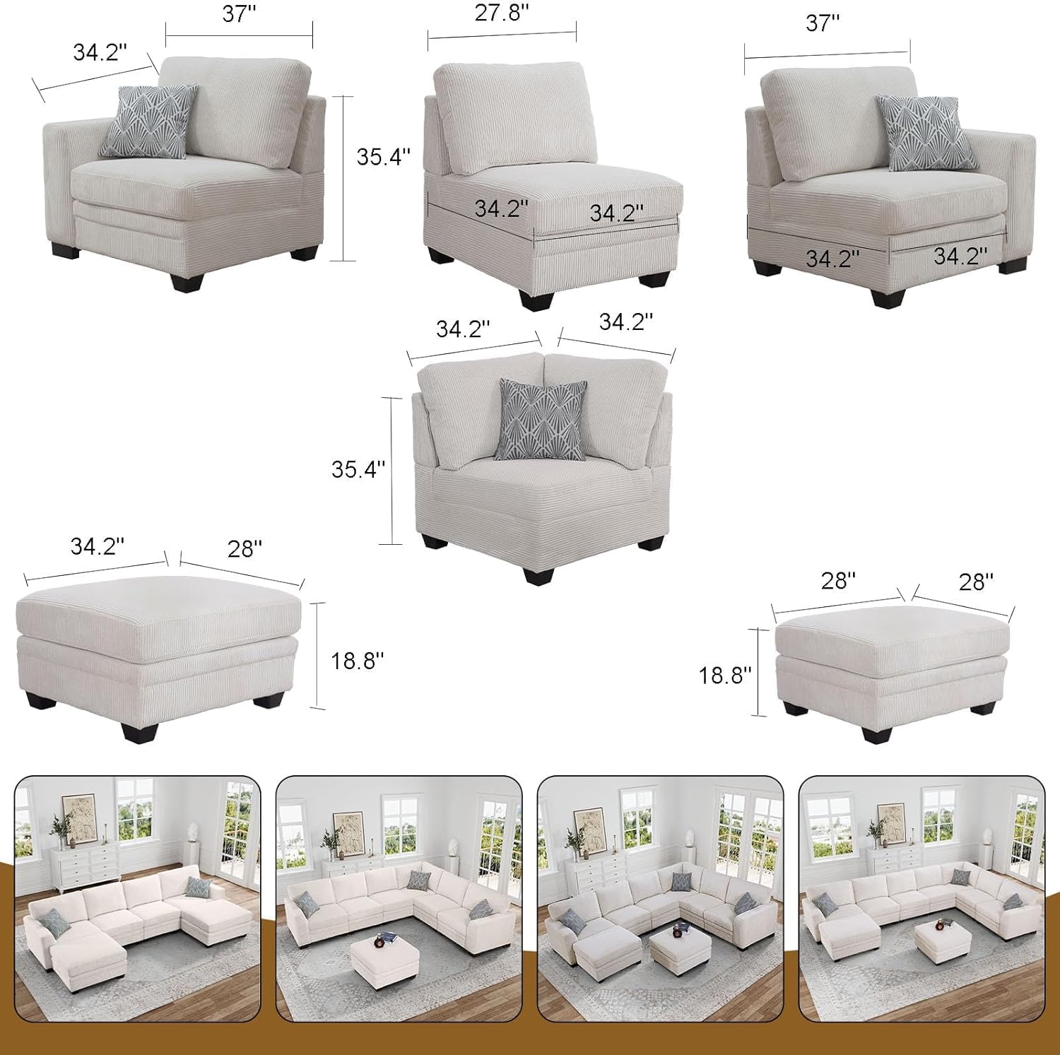 Legend Vansen Oversized Modular Sectional Sofa,U/L-Shaped Corduroy Couch with Ottoman,Deep Seat & Removable Cushion,Easy Assembly for Living Room Apartment