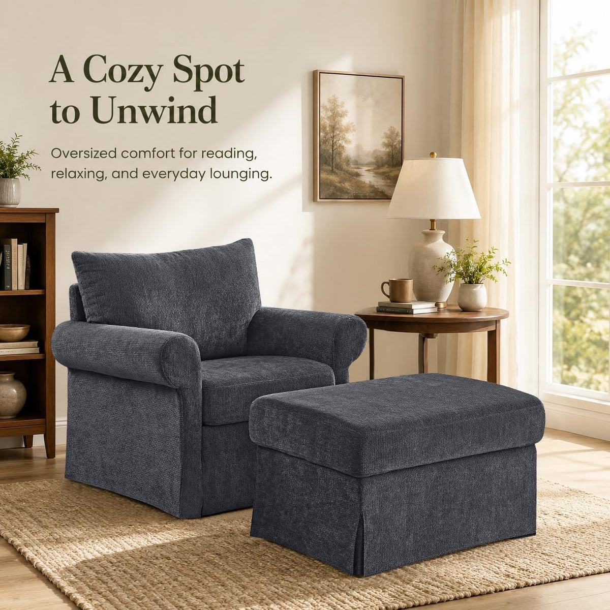 35.82" Oversized Accent Chair with Ottoman, Chenille Armchair, Gray | Accent Chair with Ottoman Set; Deep seat for relaxing; soft chenille; comfy back support; footrest ottoman; living room