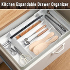 Expandable cutlery drawer organizer, silverware drawer organizer, freely adjustable large kitchen utensil tray with partitions, large adjustable plastic cutlery tray for knives, forks, spoons, white