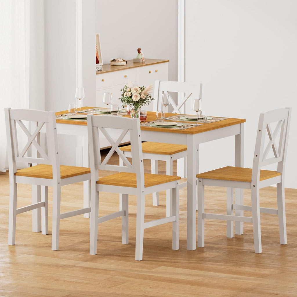 DlandHome 5 Piece Dining Table Set, Wood Kitchen Table with 4 Chairs for Dining Room, Apartment, Breakfast Nook, Solid Wood Farmhouse Dinner Table Set, Natural White