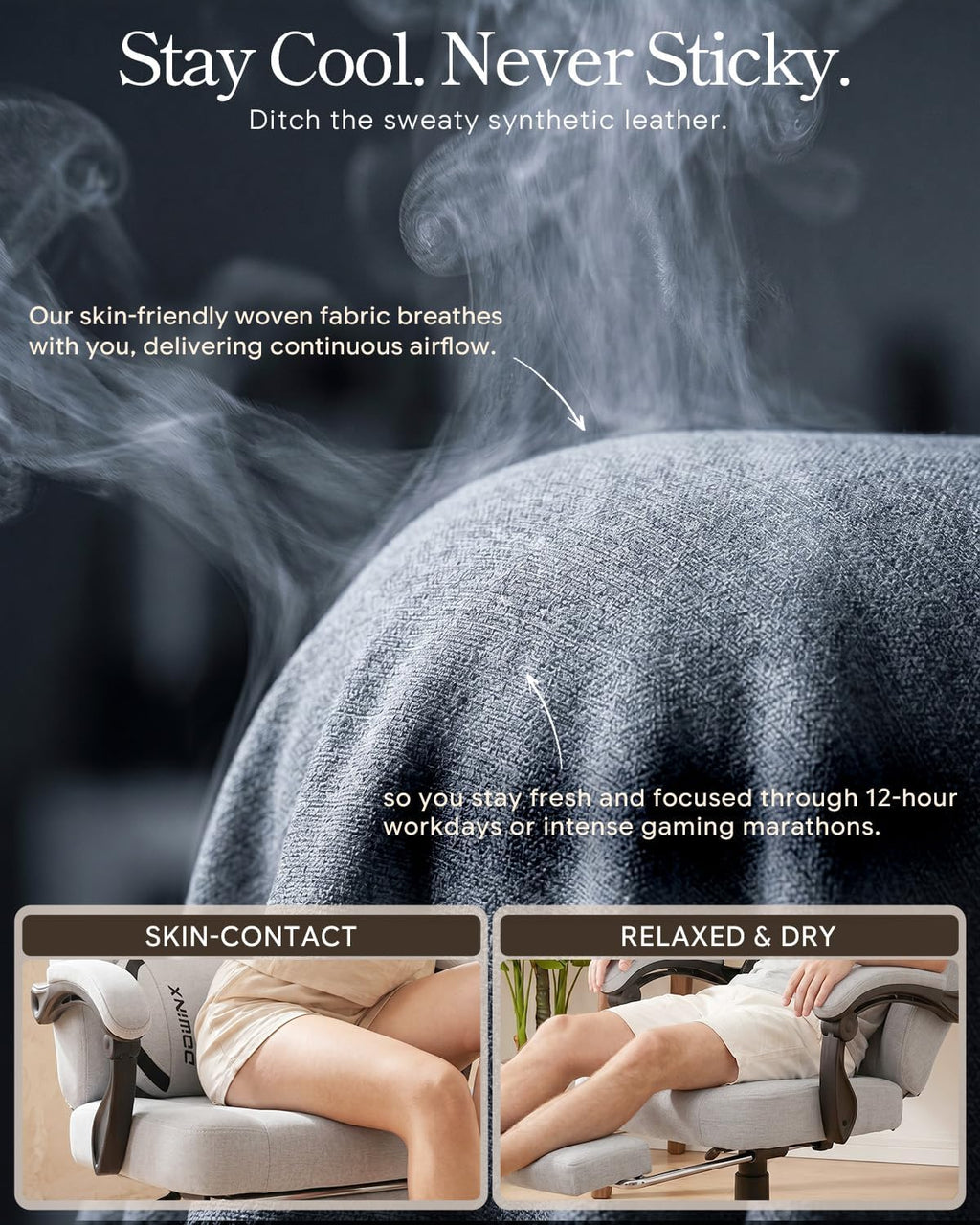 Dowinx Big and Tall Gaming Chair with Footrest, Gray | Breathable woven fabric with lumbar support and extra-wide seat back; big-and-tall frame fits larger, heavier users.
