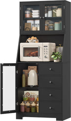 BOTLOG 64'' Kitchen Pantry Storage Cabinet, Tall Kitchen Storage Cabinet with Microwave Stand, Hutch Cabinet with Adjustable Shelves, for Dining Room, Black | Save Space, Frosted Glass Door, Hutch Cabinet with Adjustable Shelves, for Dining Room (Black)