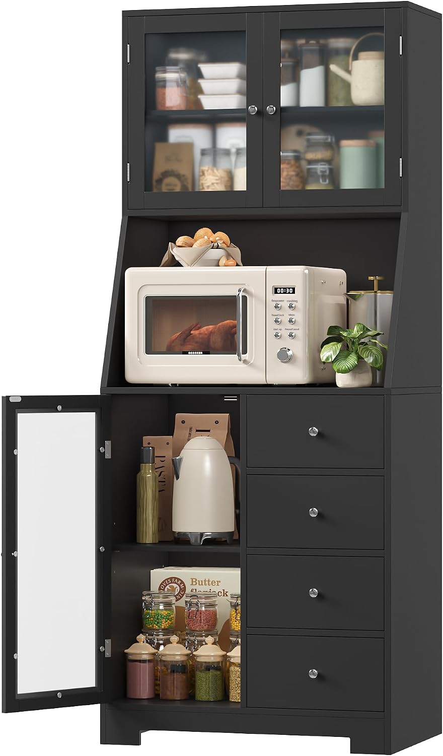 BOTLOG 64'' Kitchen Pantry Storage Cabinet, Tall Kitchen Storage Cabinet with Microwave Stand, Hutch Cabinet with Adjustable Shelves, for Dining Room, Black | Save Space, Frosted Glass Door, Hutch Cabinet with Adjustable Shelves, for Dining Room (Black)