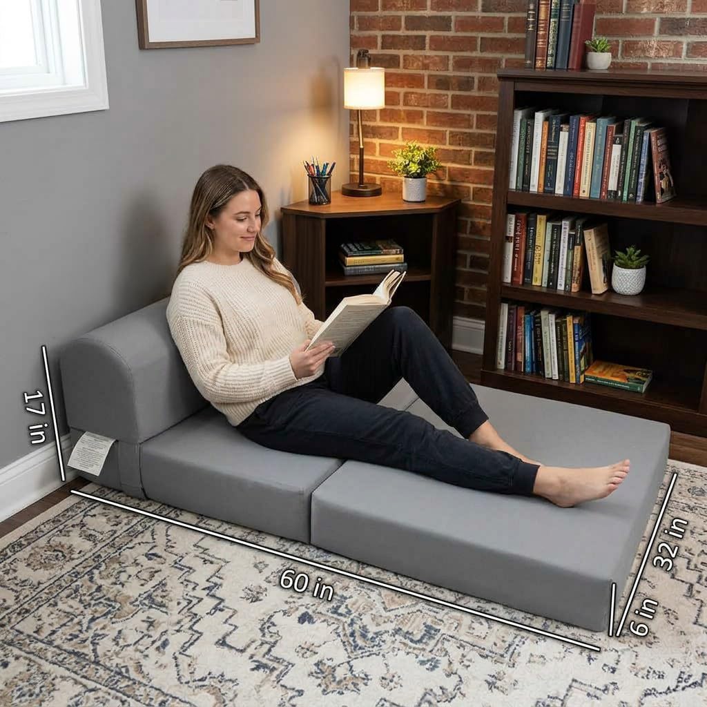 D&D Futon Furniture Sleeper Chair Folding Bed, Studio Sofa Guest Folded Mattress, High Density Foam (70 x 32 x 6, Gray)