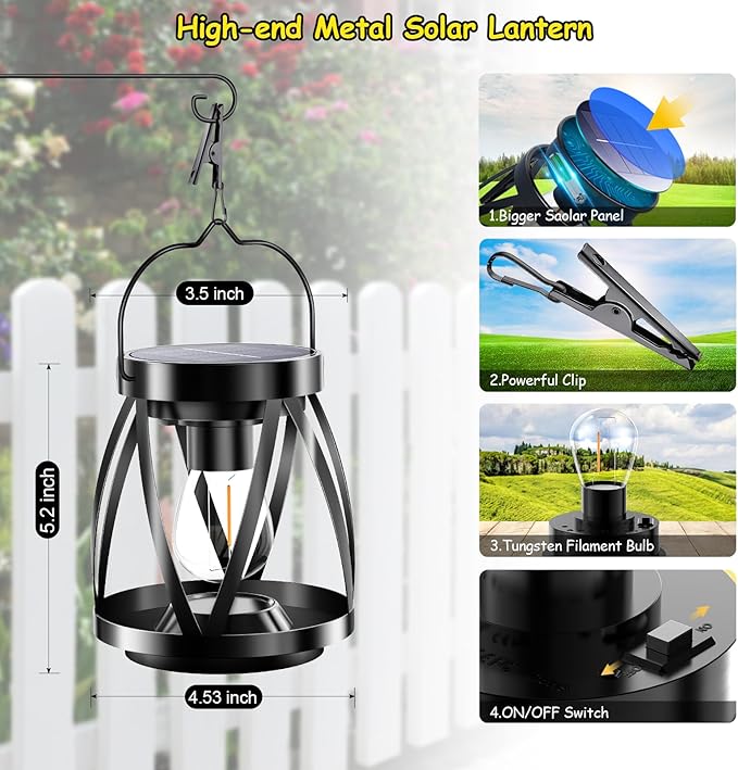 GARPAR Solar Lanterns Lights Outdoor Waterproof, Upgraded Metal Outdoor Lantern, Brighter Auto On/Off 18H Hanging Solar Lights for Outside Garden Yard Patio Porch Decor, Gift for Mom, 2 Pack