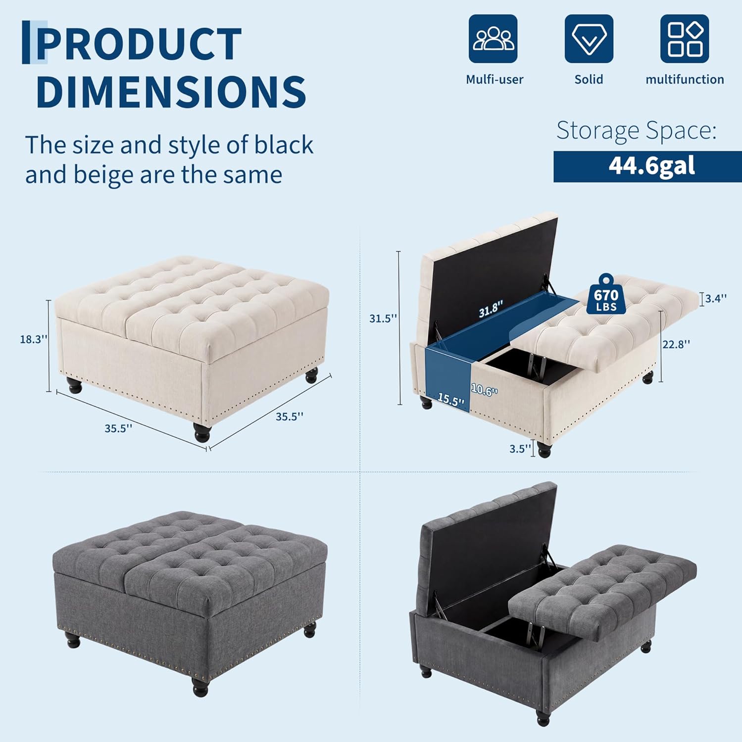36" Large Square Storage Ottoman with Lift Top, 300 LBS Tufted Upholstered Ottoman Coffee Table Bench with Study Wood Legs, Multi-Functional Footrest Storage Box for Living Room and Bedroom (Gray) ﻿