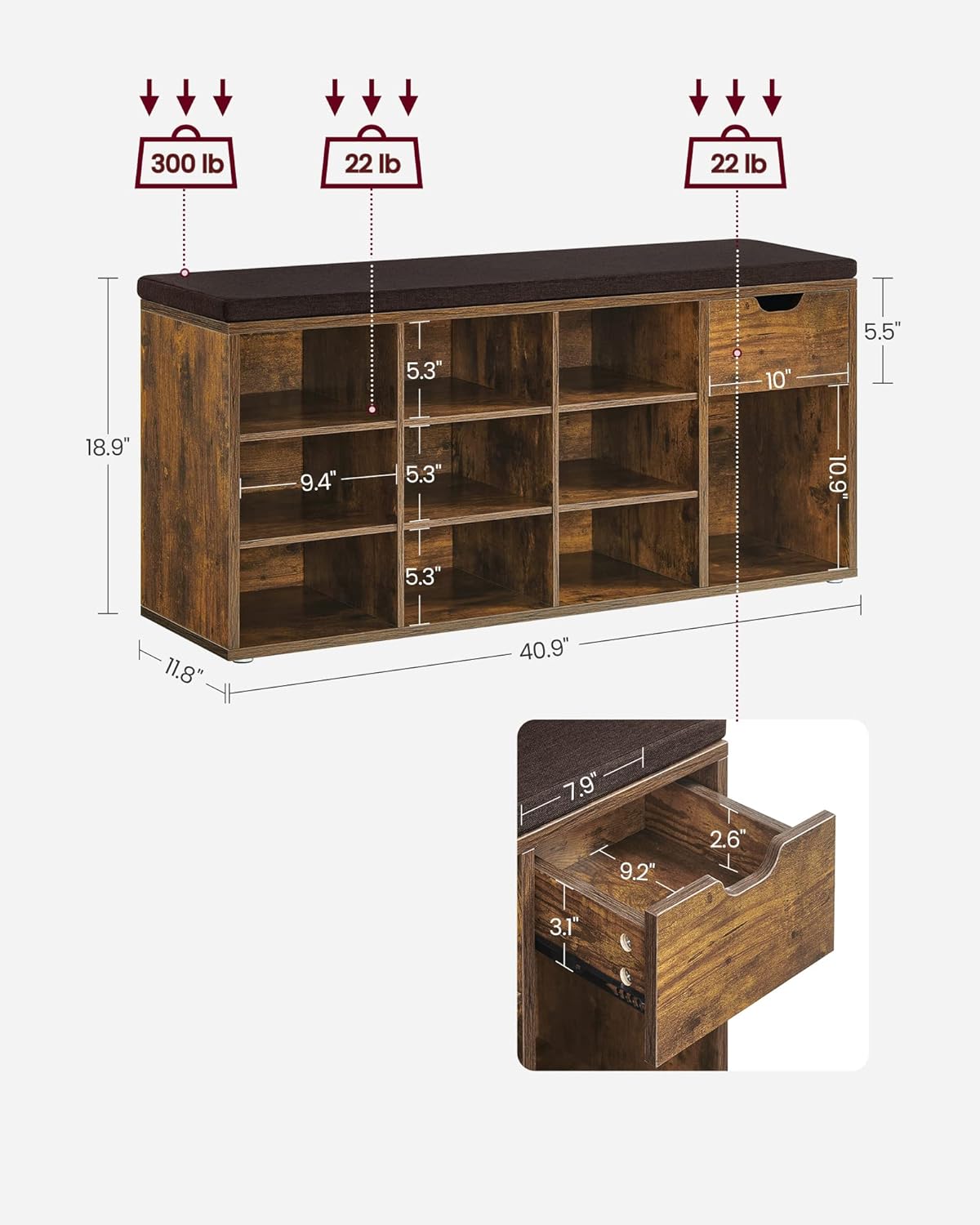 VASAGLE CUSTOS Collection - Storage Bench, Entryway Bench with Cushion, Drawer and Open Compartments, Bench with Storage, Living Room, Bedroom, Closet, Rustic Brown and Chestnut Brown ULHS024T01