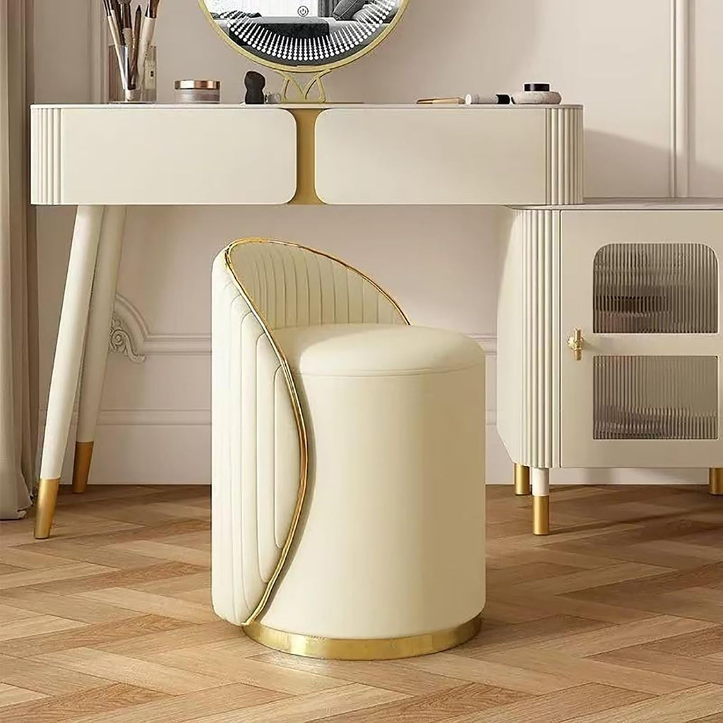 Modern Round Makeup Stool, 360 Swivel Vanity Chair, Beige Leather Seat, Solid Wood Frame, 400 lbs Weight Capacity