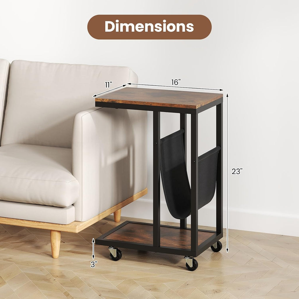 Tangkula Mobile C Shaped Side Table, 2 Tier Sofa Couch Table with Canvas Storage Pouch, Industrial End Table with Metal Frame & 360° Rolling Casters for Living Room, Bedroom