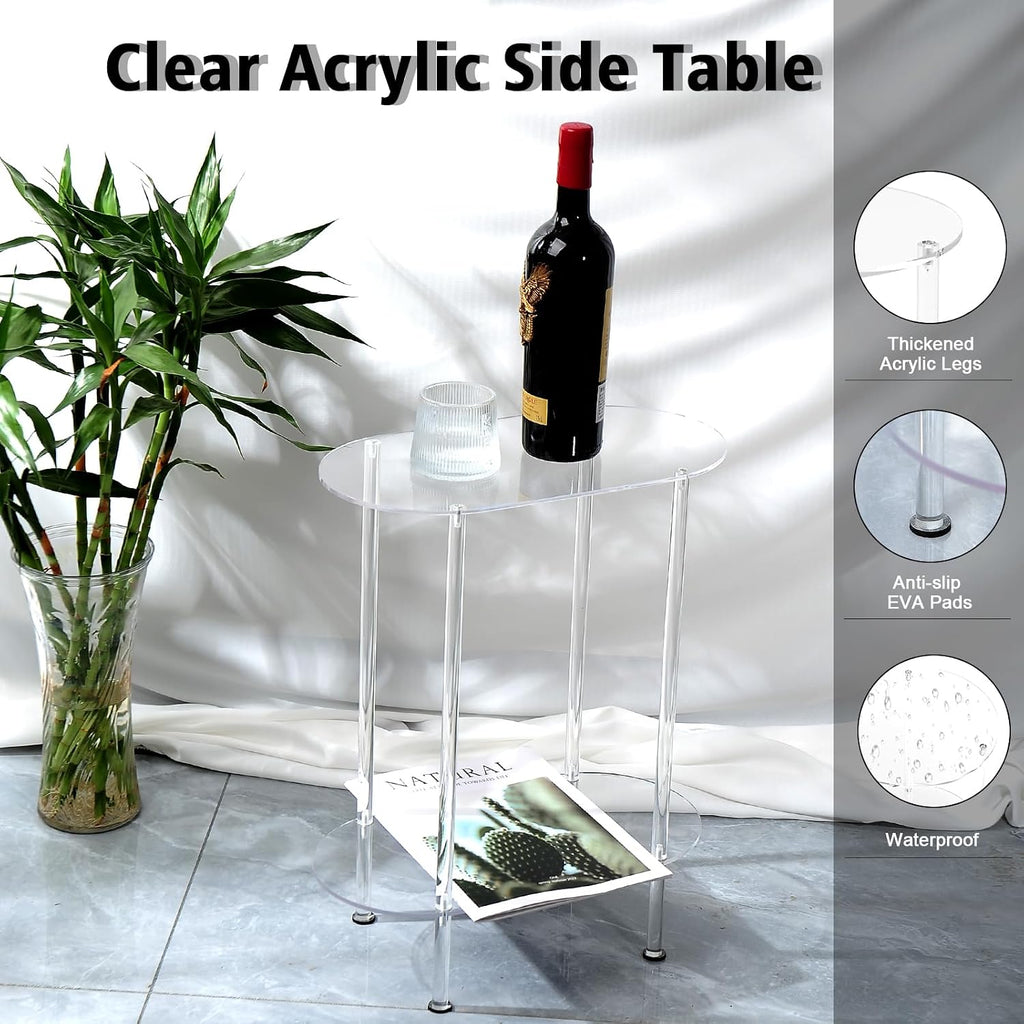 Modern Clear Acrylic Narrow Side Table for Small Spaces, 15.55" L x 7.87" W x 19.68" H, 2 Tier Oval End Table Nightstand, Small Bedside Table for Bedroom, Bathroom, Living Room(Oval)