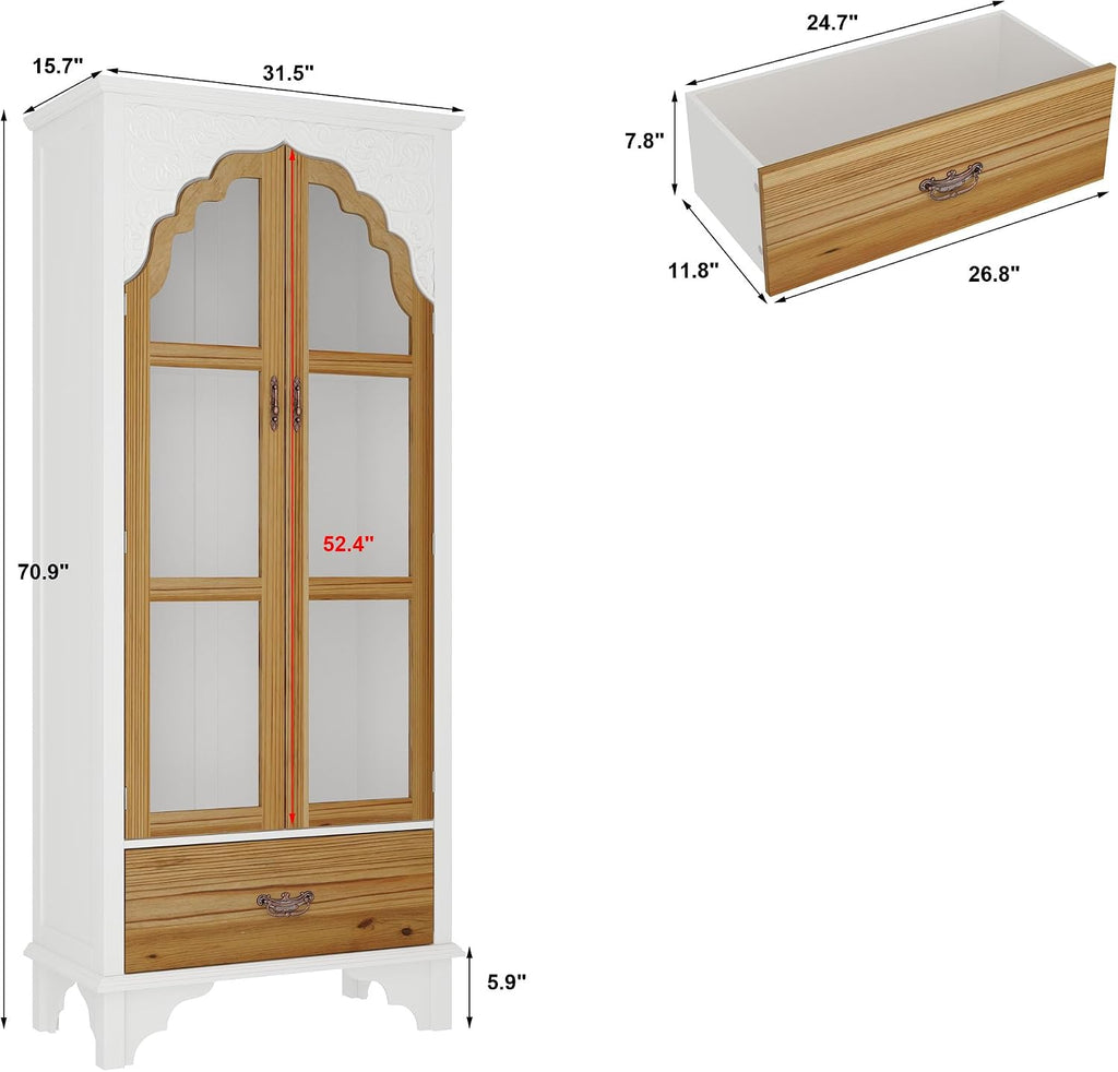 70.9" H Tall Kitchen Pantry with Glass Doors, Shelves & Drawer, Curio Display Storage Cabinet with Carved Patterns, Farmhouse Cupboard China Cabinet for Living Dining Room, White & Brown