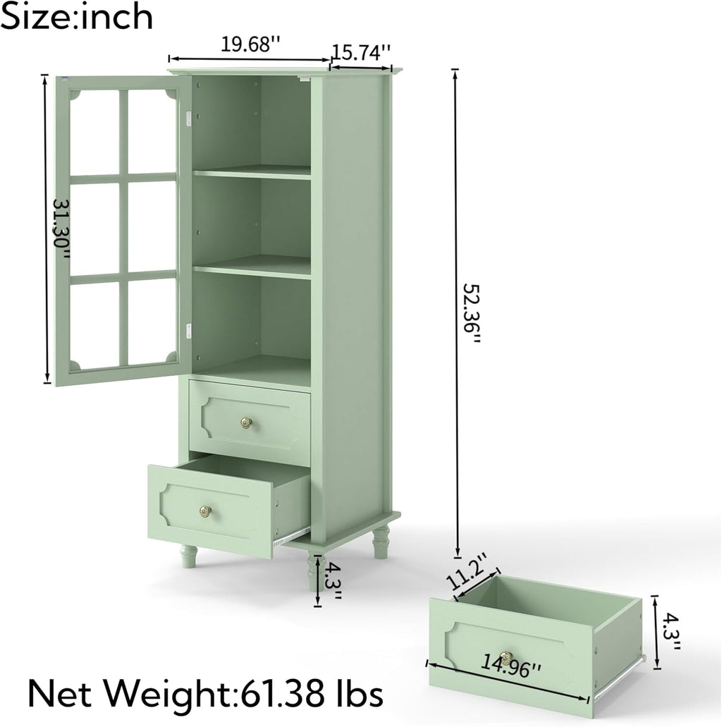 CNXINHUISUAN Minimalist Sideboard - Modern Buffet Cabinet with Glass Doors & 2 Drawers, Wood Storage Console for Dining Room & Entryway (Mint Green)