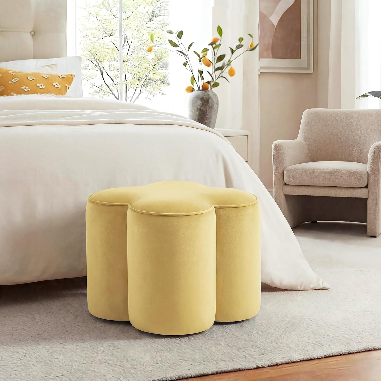 Yellow Velvet Ottoman, Small Vanity Stool, Modern Ottoman Stool, Footrest for Couch, Flower Footstool for Makeup Room, Entryway and Living Room