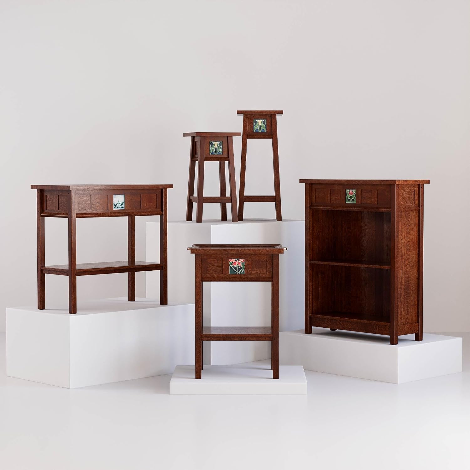 Stickley 125th Anniversary Floral Tile Console, End Table, Nightstand, Solid Oak, Centennial Finish, Mission Style, Removable Ceramic Art Tile, 1 Drawer, 31.5in W x 16in D x 30in H, Made in USA