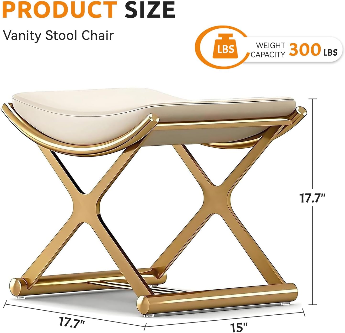Vanity Stool Chair - Upholstered Makeup Stool with Leather Cushion - Modern Small Ottoman for Bedroom, Living Room, and Bathroom