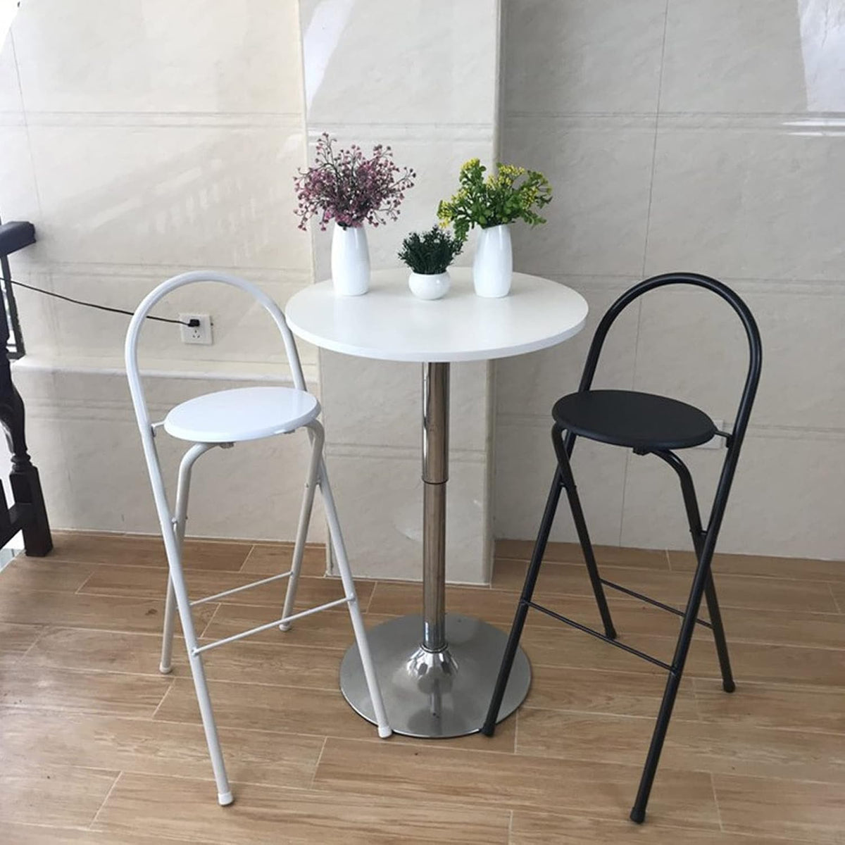 Modern Breakfast Bar Stools Foldable Stool Wooden Round Seat Folding Stool with Back Footrest Folding Bar Stool Seat Height 26in/28in/30in for Dining Room/Kitchen/Balcony/Living Room