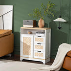 Sideboard Buffet Cabinet with Storage, Rattan Door and 3 Drawers, White | Sliding Door Coffee Bar Storage Credenza Boho Style Small Accent Cabinet for Kitchen, Living Room, Dining Room