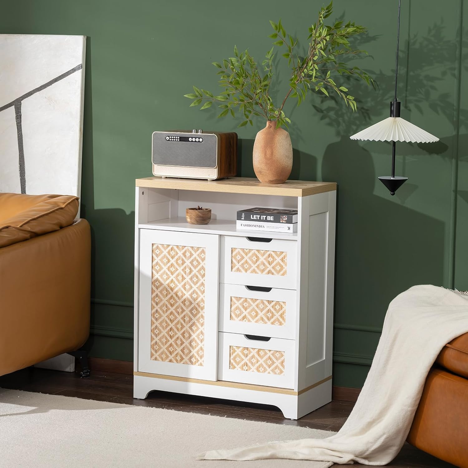 Sideboard Buffet Cabinet with Storage, Rattan Door and 3 Drawers, White | Sliding Door Coffee Bar Storage Credenza Boho Style Small Accent Cabinet for Kitchen, Living Room, Dining Room