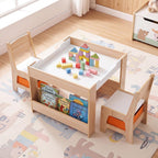 Costzon 4 in 1 Kids Table and Chairs with Building Blocks (Natural) | Wooden Toddler Activity Table Set w/ Detachable Graffiti Tabletop, Blackboard and Storage Drawers for Play, Arts & Crafts