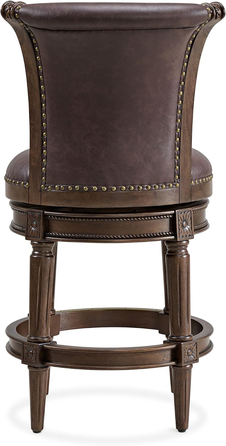 ROME + OAK Runyan 26 Swivel Counter Stool, Set of 3 | Rotating High Back Barstool in Dark Walnut Finish with Vintage Brown Vegan Leather Seat