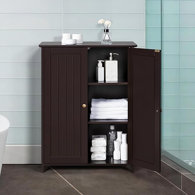 Yaheetech Bathroom Floor Cabinet, Modern Storage Freestanding Organizer Cabinet with Adjustable Shelves & Double Doors, 3-Tier Home Living Room Furniture, Espresso