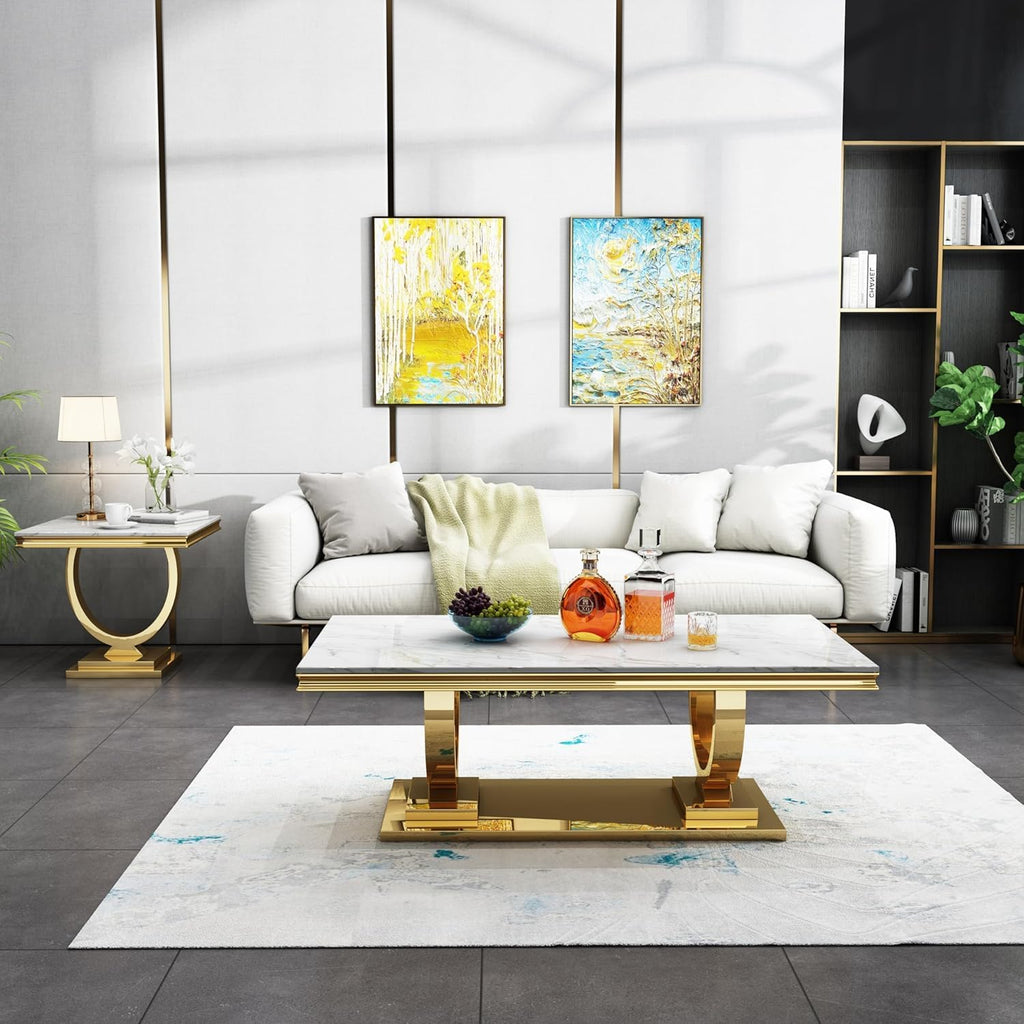 Modern Luxury Faux Marble End Table with Polished Gold Stainless Steel Base Square White Marble Side Table Elegant Small Bedside Table for Living Room Bedroom Office
