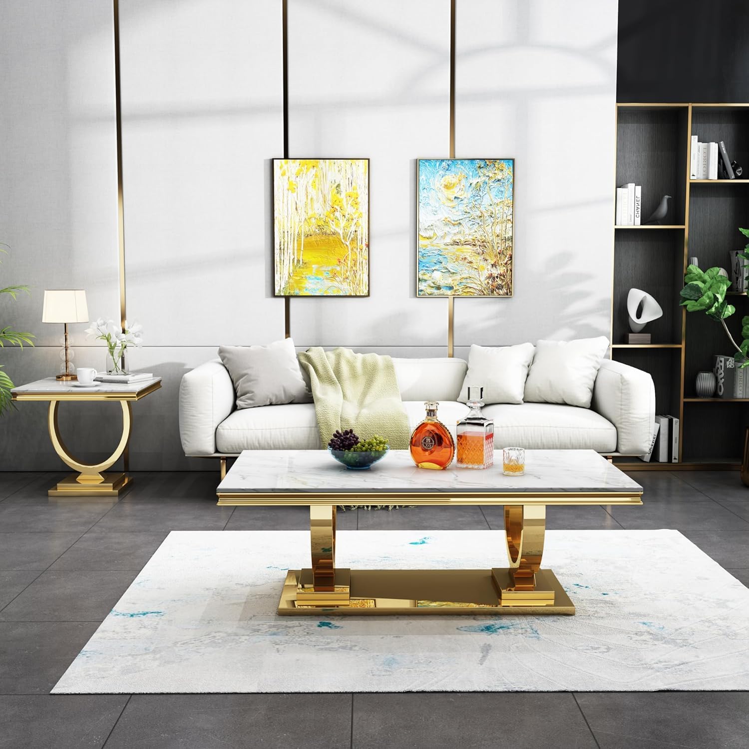 Modern Luxury Faux Marble End Table with Polished Gold Stainless Steel Base Square White Marble Side Table Elegant Small Bedside Table for Living Room Bedroom Office
