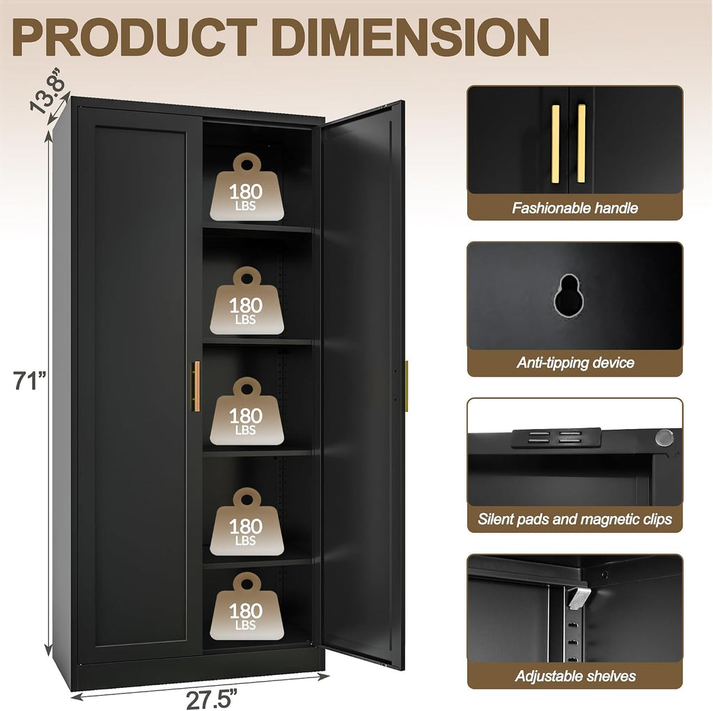 71" Tall Kitchen Pantry Cabinet, Metal Kitchen Pantry Storage Cabinet with Doors and 4 Adjustable Shelves, Freestanding Pantry Cupboard for Living, Dining Room, Black