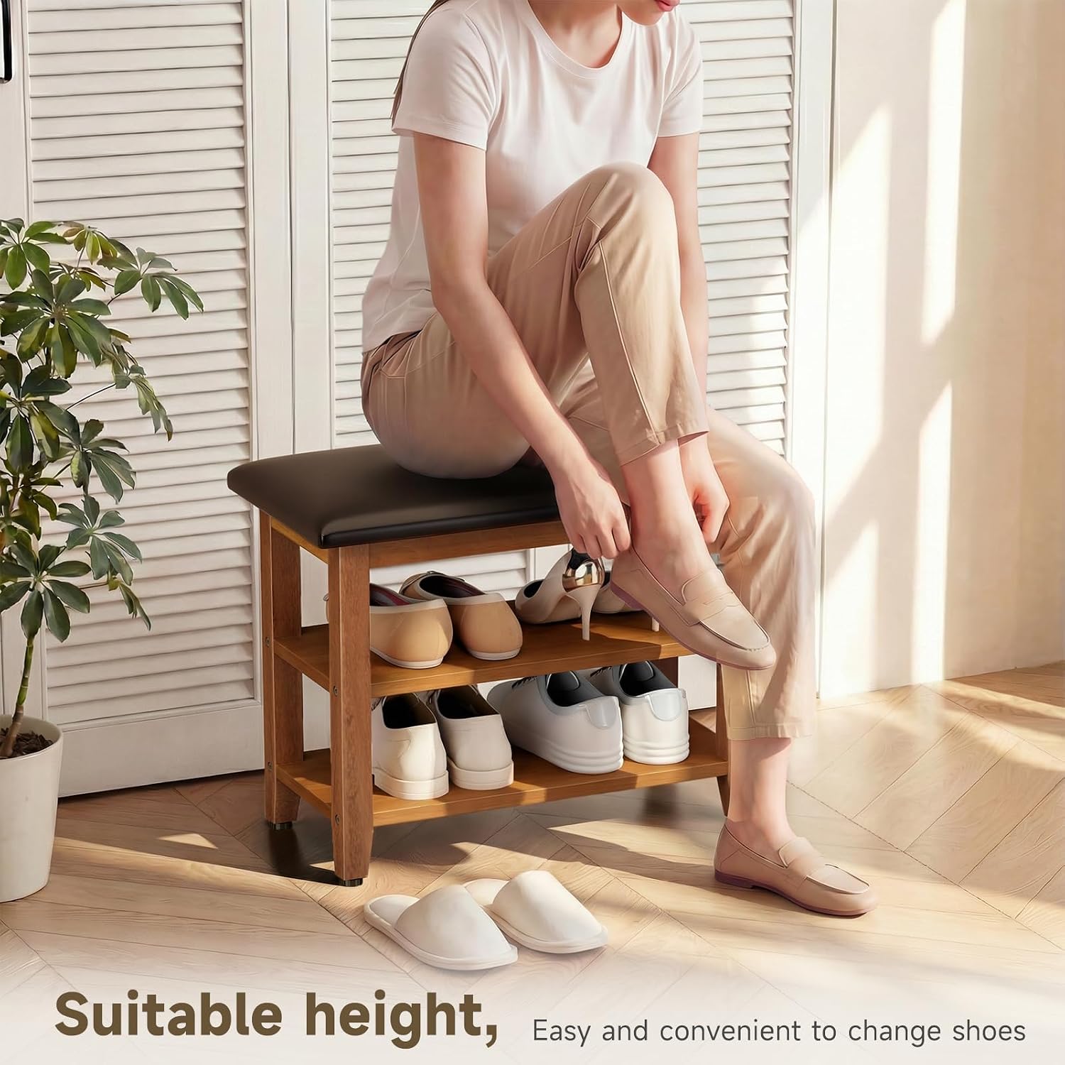 Shoe Bench with Leather Cushion,Wood Bench with Shoe Rack,2-Tier Shoe Storage Organizer for Entryway,Hallway,Living Room (2-Tier-23.6", Rubberwood)