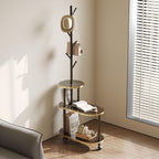 End Table with Coat Rack 3-Tier Couch Side Table with Storage for Small Space Rolling Bedside Tables for Living Room Bedroom 60x30x169CM (Brown)