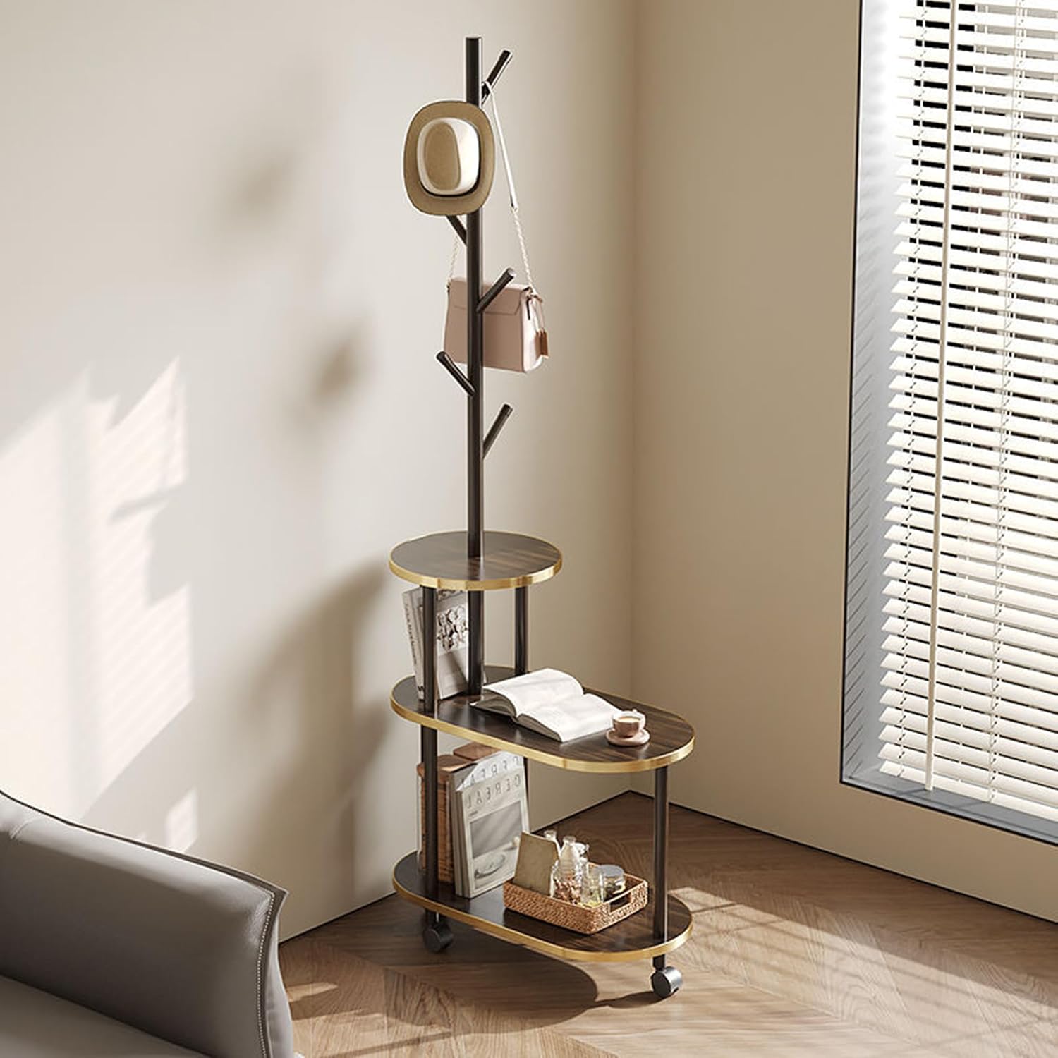 End Table with Coat Rack 3-Tier Couch Side Table with Storage for Small Space Rolling Bedside Tables for Living Room Bedroom 60x30x169CM (Brown)