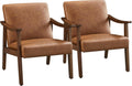 Yaheetech Accent Chairs Set of 2, Mid-Century Faux Leather Armchairs Brown | Cushioned Club Chairs with Supportive Sloped Backrests and Sturdy Wood Arms Fit Small Living Rooms, Offices, Reading Nook