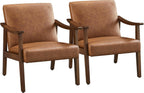 Yaheetech Accent Chairs Set of 2, Mid-Century Faux Leather Armchairs Brown | Cushioned Club Chairs with Supportive Sloped Backrests and Sturdy Wood Arms Fit Small Living Rooms, Offices, Reading Nook