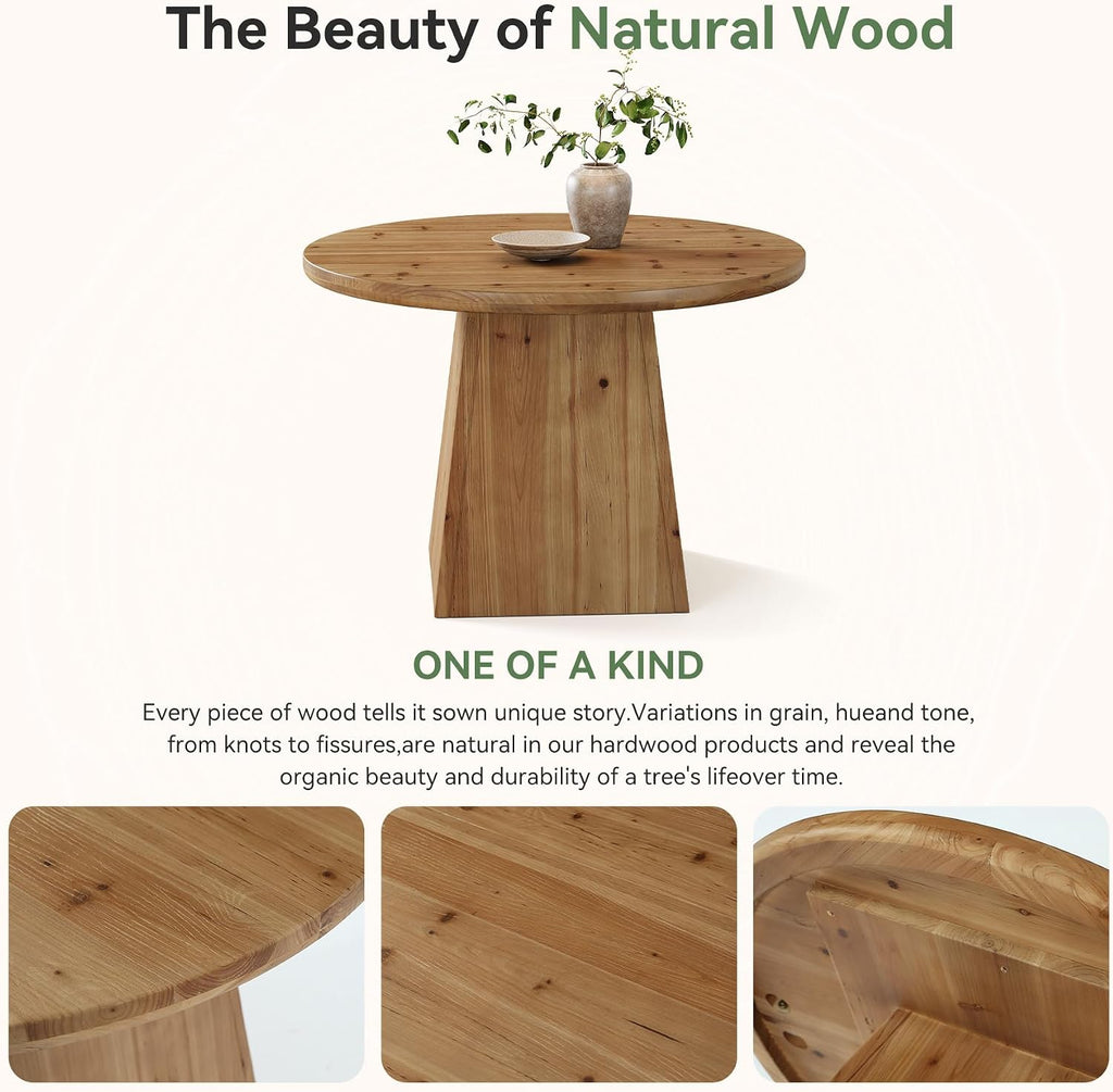 Solid Wood Round Dining Table for 4, Small Circle Kitchen Table with Thickened Top & Sturdy Pedestal Base for Dining Room, Living Room, Kitchen, 39.4 x 29.5 Inches, Farmhouse Style (Table Only)