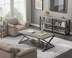 LVB Gray Coffee Table, Farmhouse Wood Metal Center Table with Storage for Living Room, Industrial Wooden 2 Tier Rectangle Cocktail Tea Table with Mesh Shelf for Office Bedroom, 47 inch, Light Grey Oak