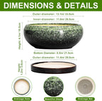 Bonsai Pots - 13 Inch Ceramic Succulent Planters Indoor, Round Shallow Planter with Drainage Hole and Saucer, Large Succulent Pot, Bowl Planter Outdoor, House Decor, Housewarming Gift, Green