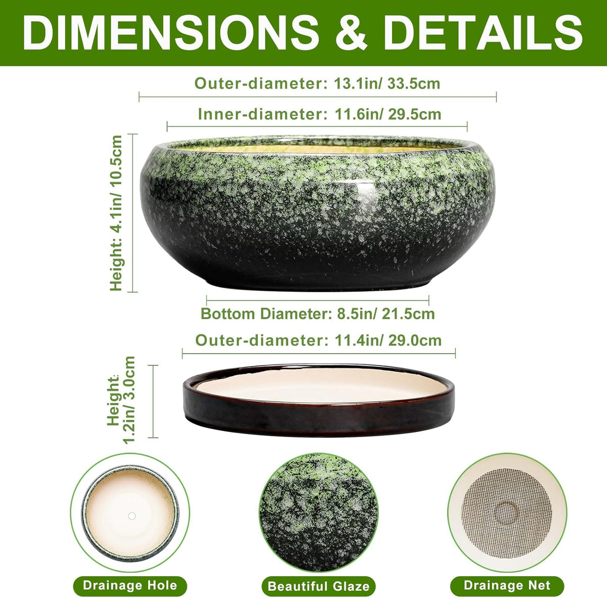 Bonsai Pots - 13 Inch Ceramic Succulent Planters Indoor, Round Shallow Planter with Drainage Hole and Saucer, Large Succulent Pot, Bowl Planter Outdoor, House Decor, Housewarming Gift, Green
