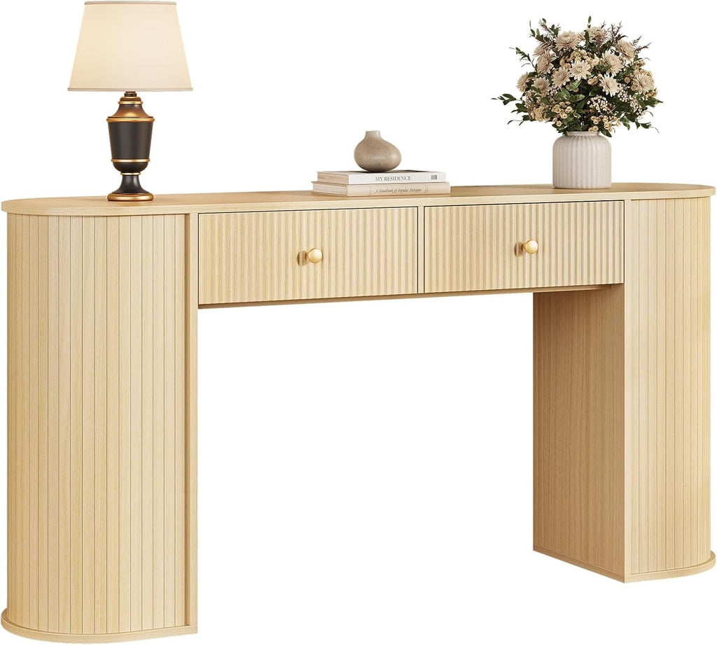 59" Fluted Console Table with 2 Drawers - Wood Entryway Table with Storage, Long Modern Sofa Tables Behind Couch with Curved Leg for Living Room, Entry, Hallway, Entrance, Foyer, Oak Natural