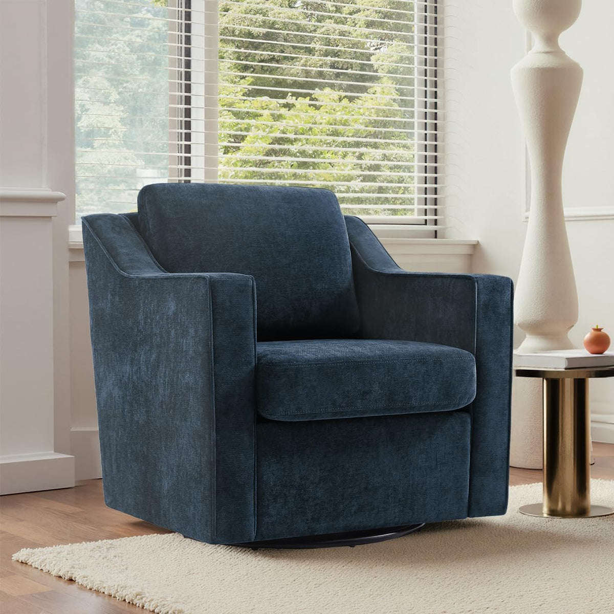 Swivel Accent Chairs Set of 2, Chenille Upholstered Armchair for Living Room, Modern Armrest Chair Comfy Single Sofa Bedroom Reading Seat with Lumbar Pillow - Navy