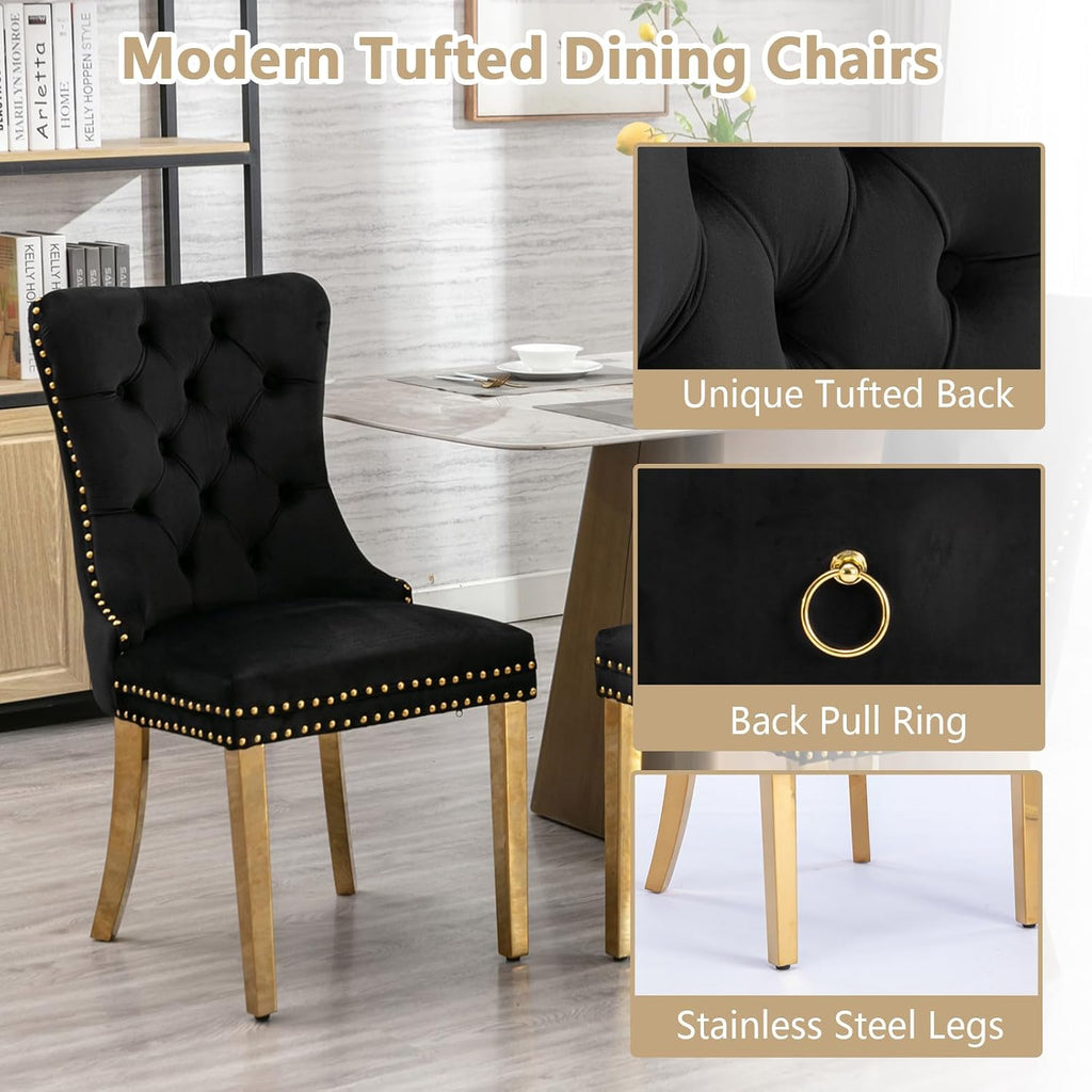 5 Piece Dining Table Set Rectanglar Glass Dining Set for 4 Modern Small Kitchen Table Set with 4 Upholstered Chairs for Apartment Dining Kitchen Room (Gold Table & Black Chair)